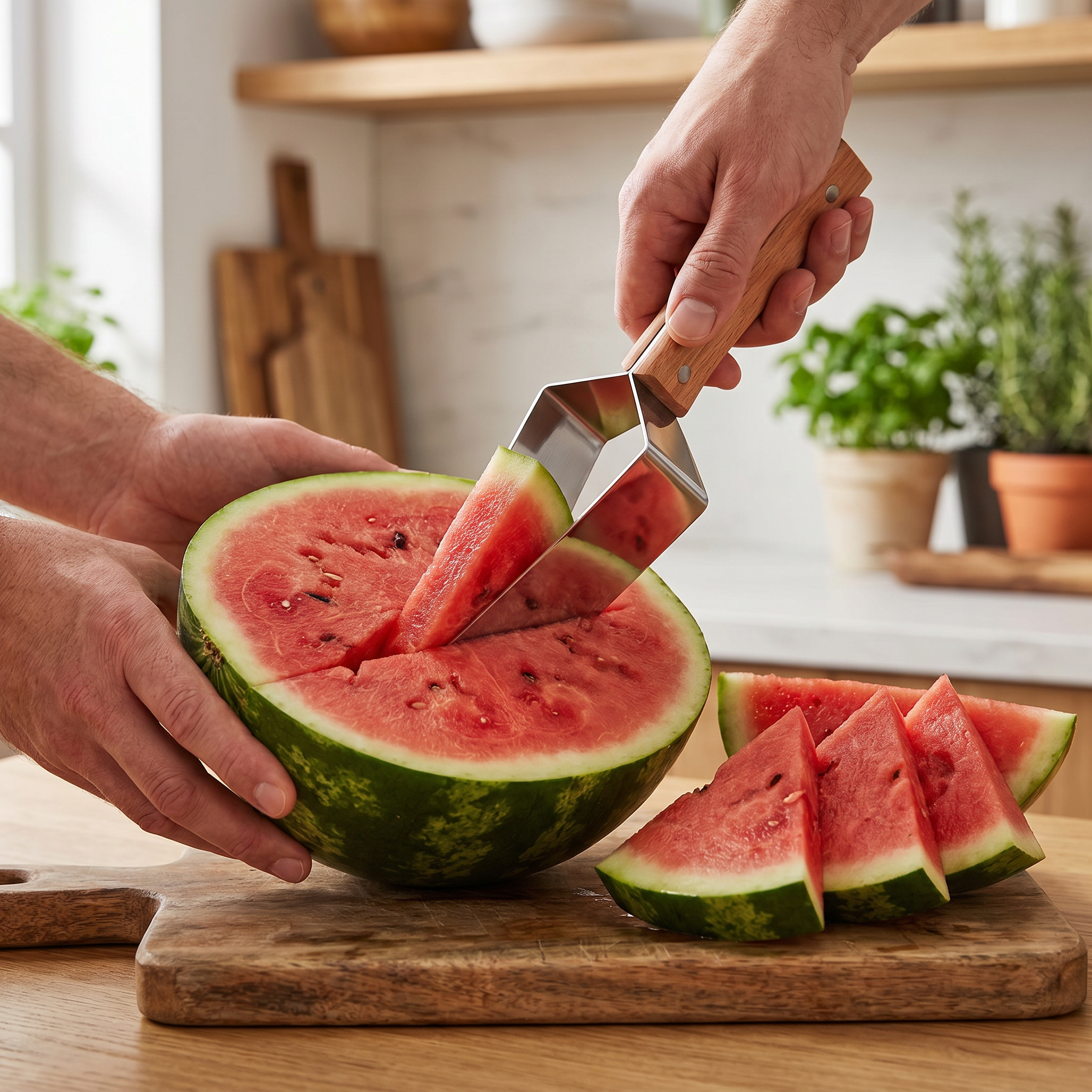 Wassermelonen-Schneider aus Edelstahl mit Holzgriff – Sauberes & schnelles Portionieren