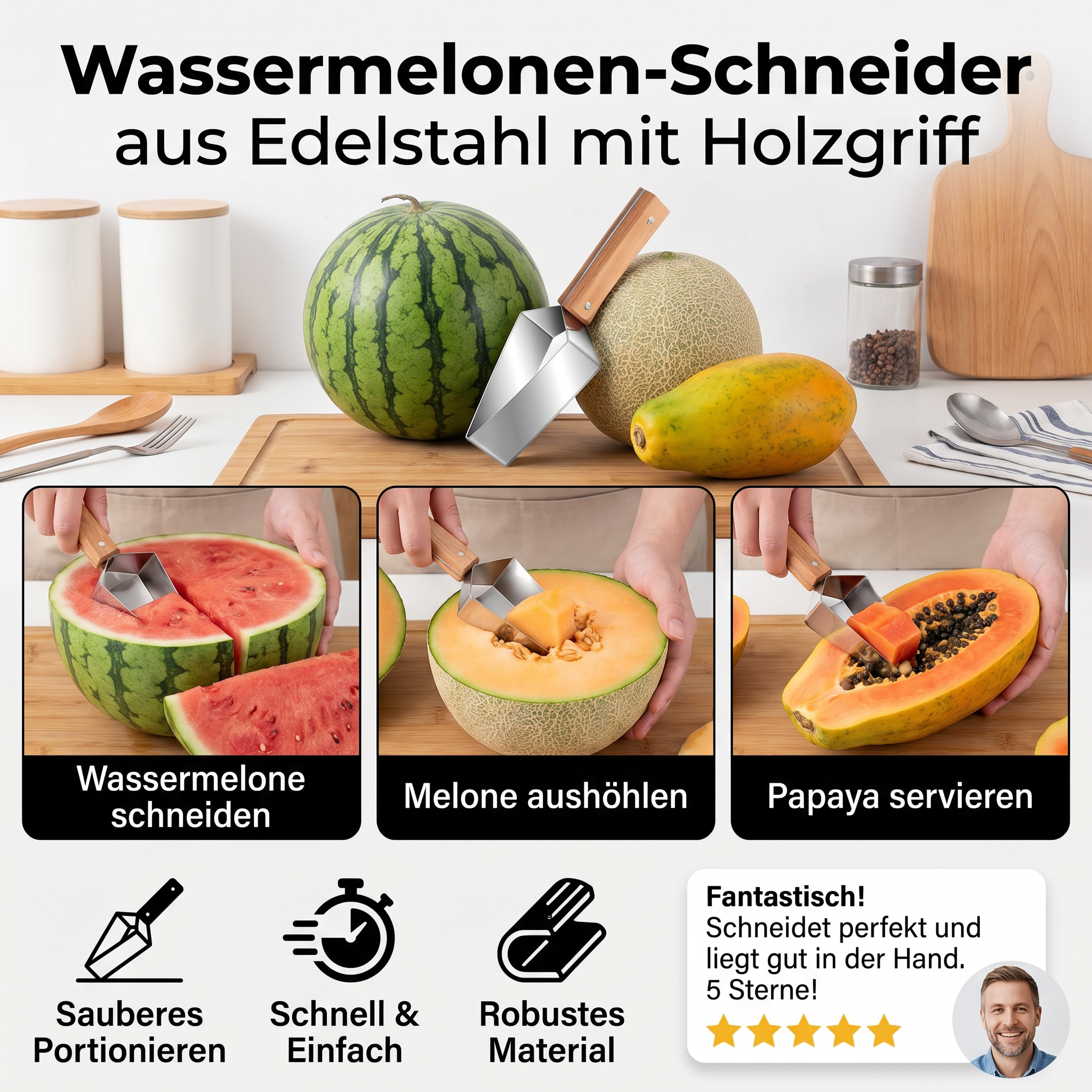 Wassermelonen-Schneider aus Edelstahl mit Holzgriff – Sauberes & schnelles Portionieren
