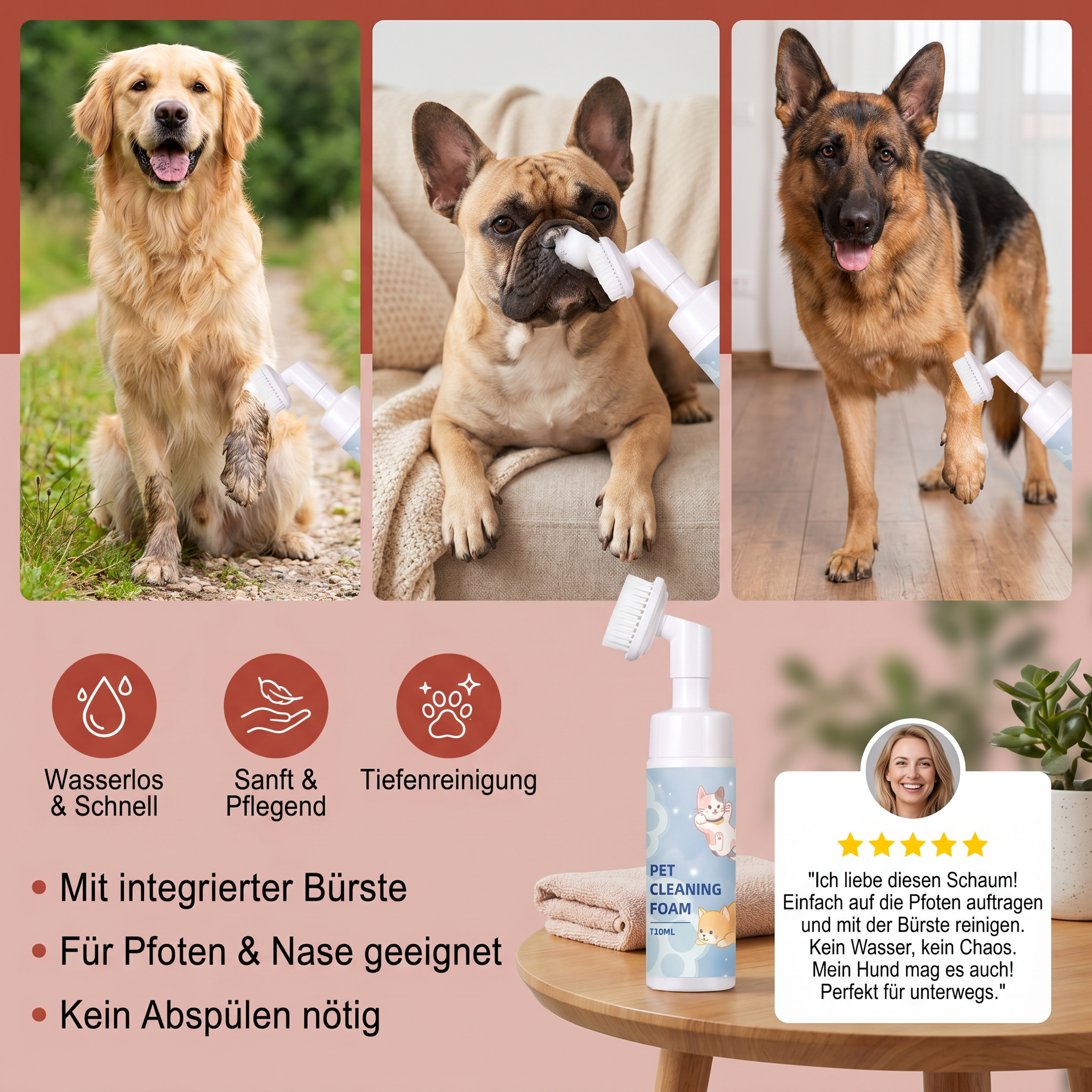 Wasserloser & Sanfter Pfoten Reinigungsschaum mit Bürste für Hunde