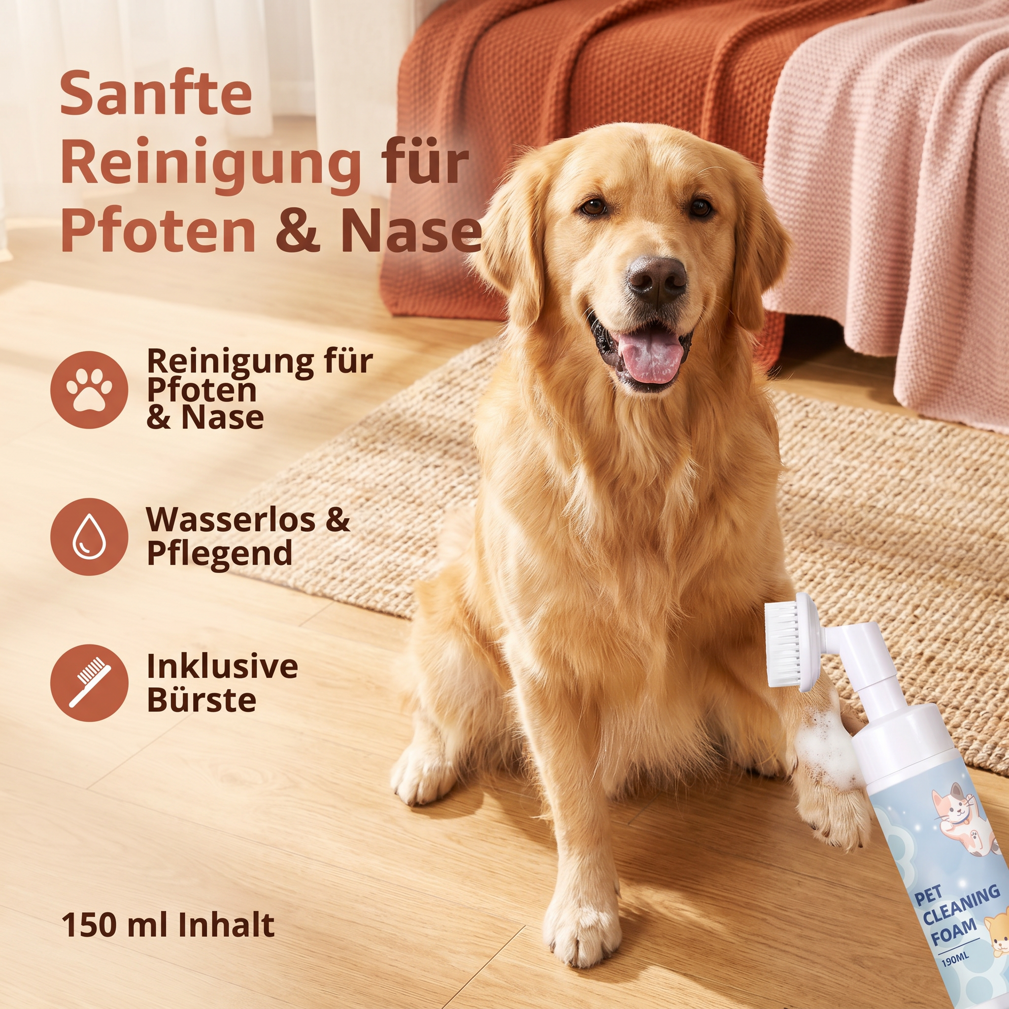 Wasserloser & Sanfter Pfoten Reinigungsschaum mit Bürste für Hunde