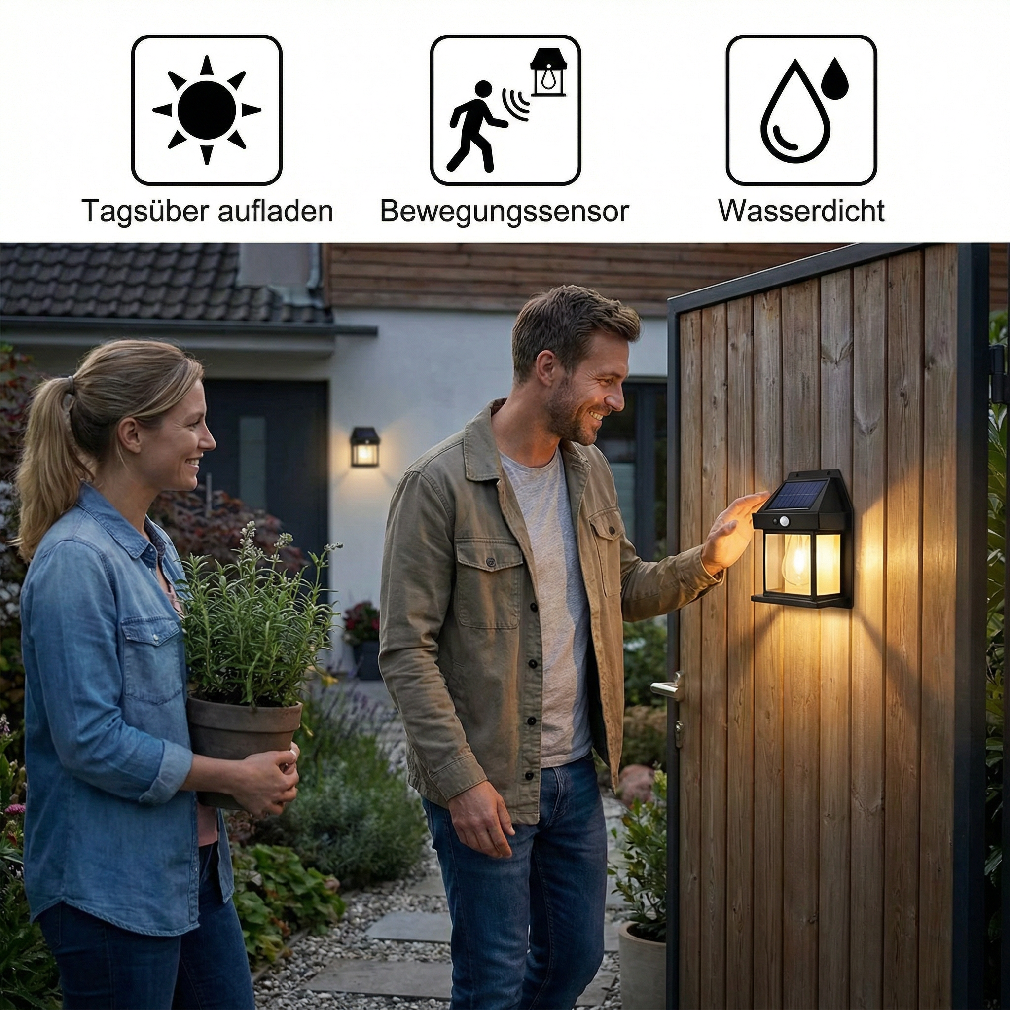 Solar LED-Wandleuchte – Wasserdichte Außenlampe mit Lichtsensor für Garten, Hof und Zaun (2 Stück)