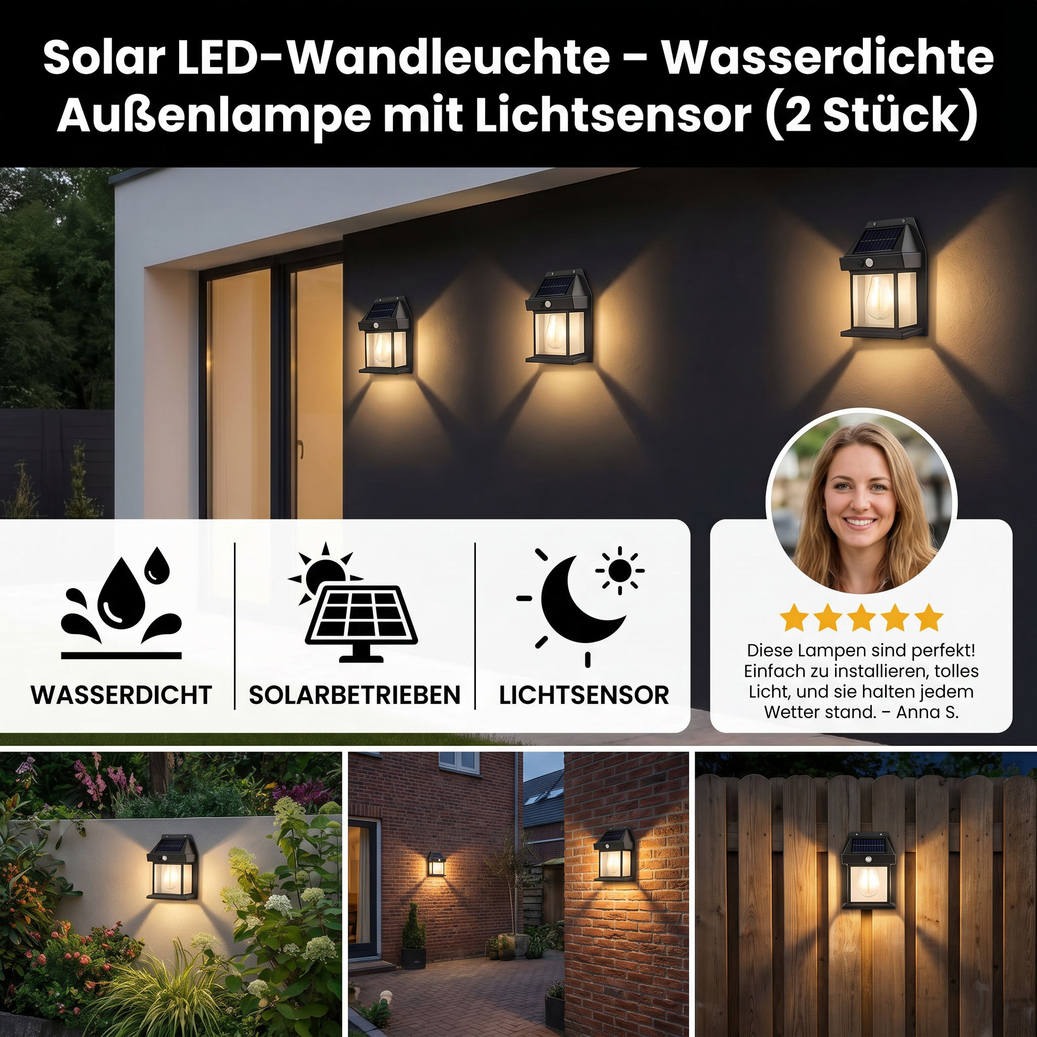 Solar LED-Wandleuchte – Wasserdichte Außenlampe mit Lichtsensor für Garten, Hof und Zaun (2 Stück)