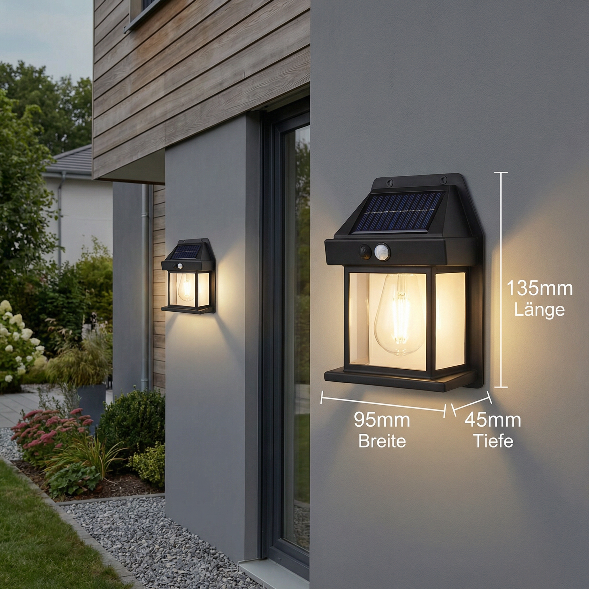 Solar LED-Wandleuchte – Wasserdichte Außenlampe mit Lichtsensor für Garten, Hof und Zaun (2 Stück)