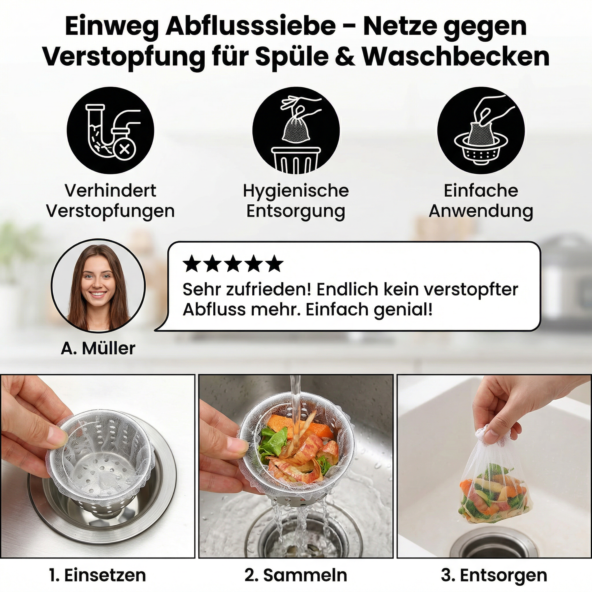 Einweg Abflusssiebe – Netze gegen Verstopfung für Spüle & Waschbecken (2 Stück)
