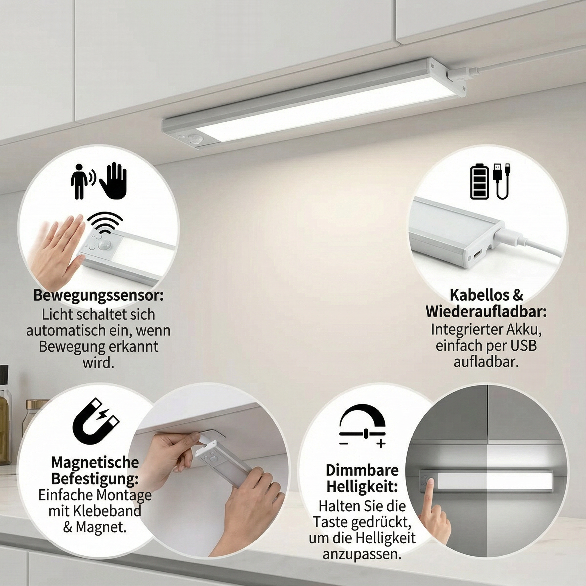 Kabellose LED-Unterbauleuchte mit Bewegungssensor – magnetisch & dimmbar