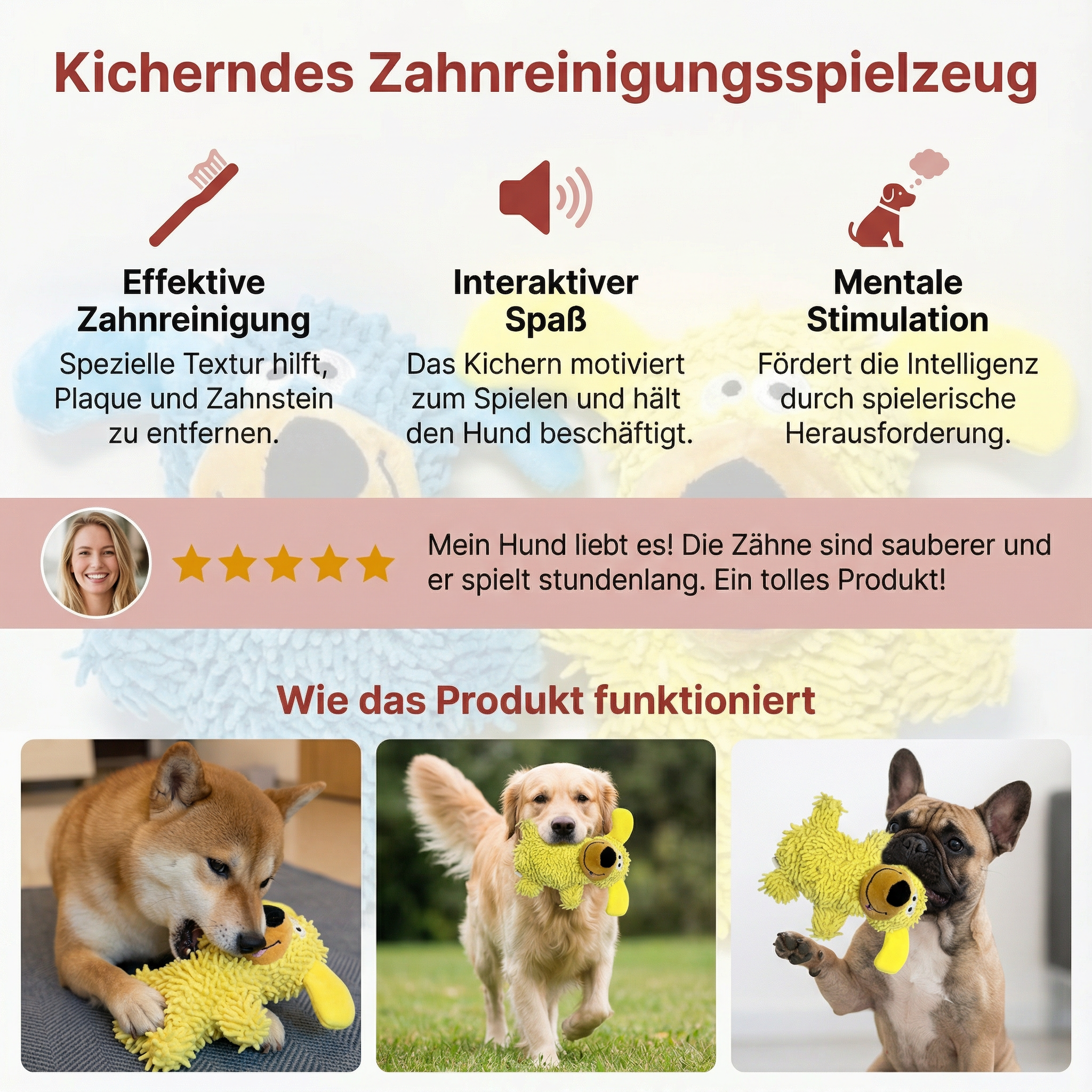 Kicherndes Zahnreinigungsspielzeug in Hundefarben